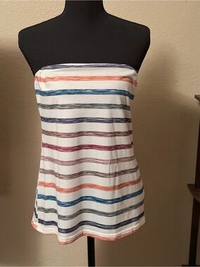 SHEIN White Strapless Tube Top with Blue, Coral, Navy and Gray Stripes